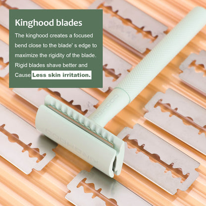  The design of KINGHOOD blades incorporates a focused bend close to the blade's edge, aiming to maximize rigidity. This design feature contributes to a more stable blade, enhancing its shaving performance. Rigid blades are less likely to flex or bend during shaving, resulting in a smoother and more consistent shave. Additionally, the reduced flexing of the blade can help minimize skin irritation by ensuring that the blade maintains optimal contact with the skin surface. 