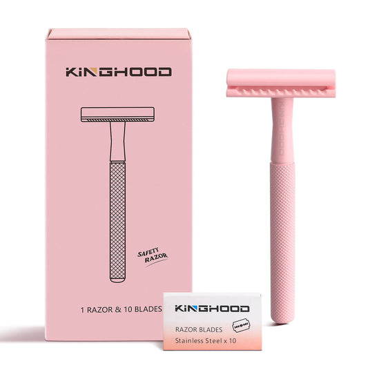KINGHOOD safety razor With its vibrant pink color, it adds a touch of femininity to your grooming routine. Despite its stylish appearance, this razor maintains the same high-quality metal construction and safety features as other KINGHOOD razors. Designed specifically with women in mind, this razor provides a comfortable and precise shave. The weighted metal handle ensures stability and control, while the safety features help prevent nicks and cuts, making it suitable for all skill levels.